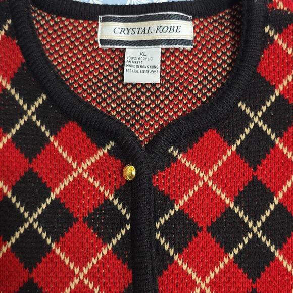 Crystal-Kobe Vintage Sz XL Red Black Argyle Gold Button Pockets Cardigan Sweater - Picture 4 of 13